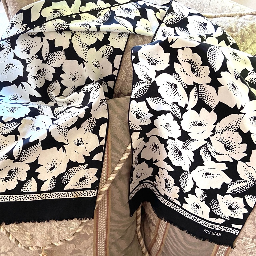 BILL BLASS Scarf 57” Black White Silk Classic Beauty, Gorgeous Detail Like New!